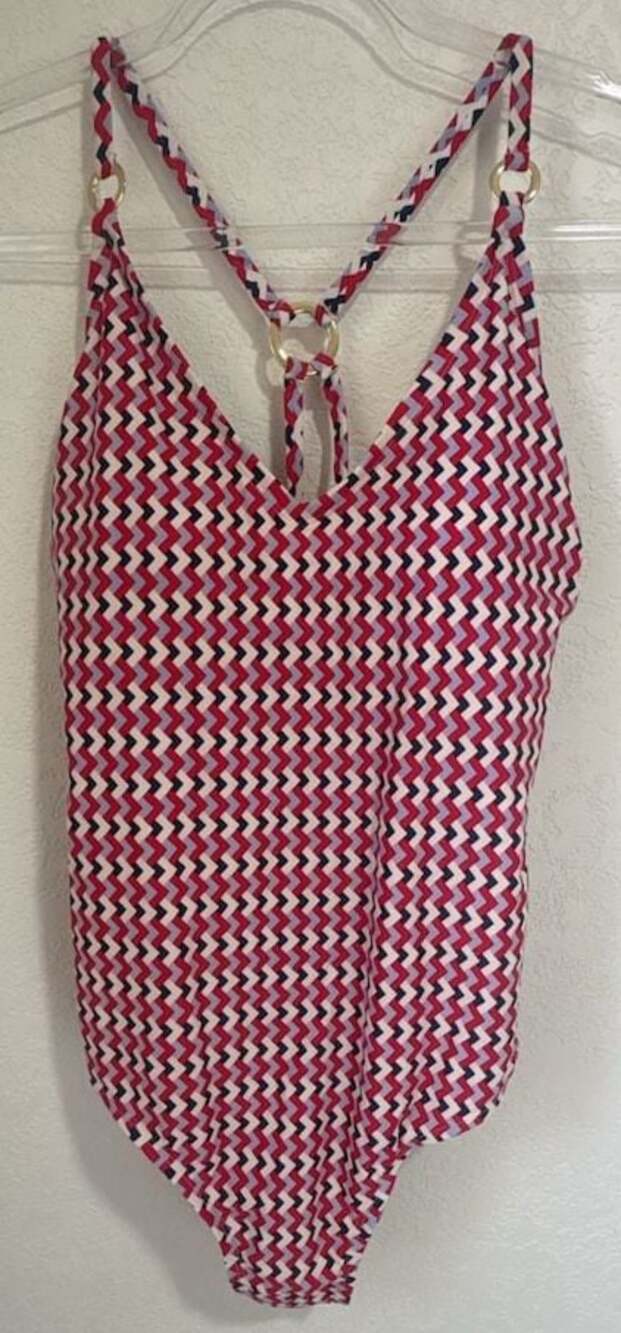 Kona Sol Red, White & Blue Chevron Print One-Piece Swimsuit - Size L